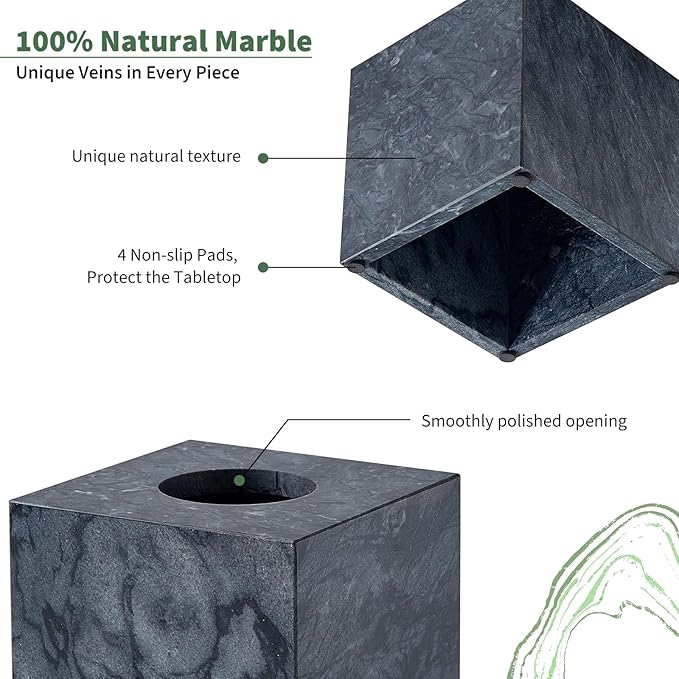 Real Natural Marble Tissue Box Cover, 5.5 Inch Square Marble Tissue Box Holder with Open Bottom, Heavy Stone Decorative Organizer for Bathroom Vanity, Kitchen Countertop, Luxury Home Décor