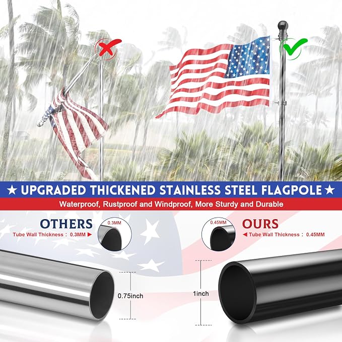 REERON Flag Pole Kit for House, 6 FT Stainless Steel Spinning Flag Pole, 1" Rustproof Porch Flagpole with 360° Metal Anti-wrap Flagpole Rings & 2-Position Bracket for Outdoor Home Sport for 3x5 Flags