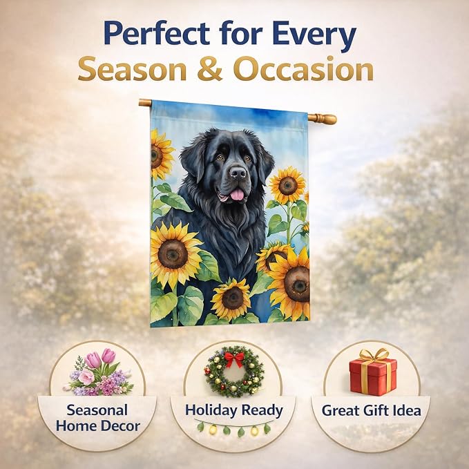 Caroline's Treasures DAC6123CHF Newfoundland in Sunflowers House Flag Large Porch Sleeve Pole Decorative Outside Yard Banner Artwork Wall Hanging, Polyester, House Size, Multicolor