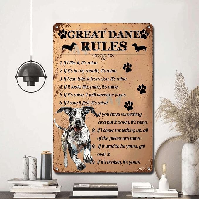 Metal Sign Tin Sign Vintage Wall Art Great Dane Rules Vintage Decor for Home Decor 6×8 Inches