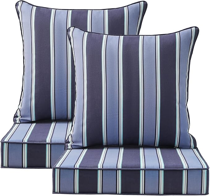 Outdoor Deep Seat & Back Cushion Set (2-Pack), 24 x 24 Inch Water Repellent and Fade Resistant Patio Furniture with Removable Cover for Outside Sofa Couch, Navy Blue Stripe