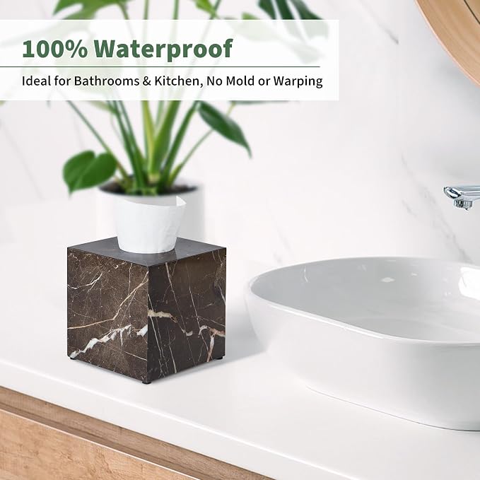 Real Natural Marble Tissue Box Cover, 5.5 Inch Square Marble Tissue Box Holder with Open Bottom, Heavy Stone Decorative Organizer for Bathroom Vanity, Kitchen Countertop, Luxury Home Décor