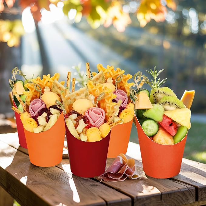 FYSUIMU 60Pcs Fall Colors Charcuterie Cups with 100Pcs Sticks 60 Plastic Treat Goodie Bags Twist Ties 14oz Orange Red French Fries Cup Holder for Home Kitchen Autumn Thanksgiving Party