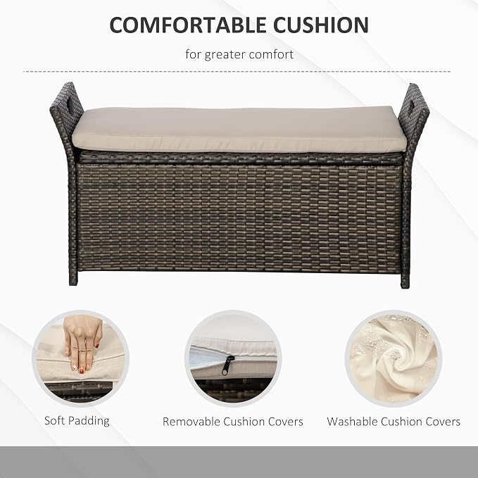 Outsunny 29 Gallon Patio Wicker Storage Bench, Outdoor PE Rattan Furniture, 2-in-1 Large Capacity Rectangle Garden Storage Box with Handles and Cushion, Cream White
