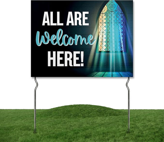 All Are Welcome Here! Yard Sign by DC | 24"x18" Double Sided Church Garden Sign with 13” Metal Stakes | Outdoor Signs Waterproof for Lawn, Patio, Sidewalk & House | Set of 5 | Made in USA