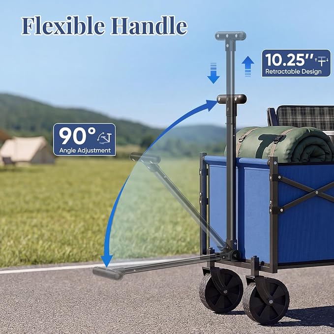 OLIXIS Collapsible Wagon Cart with Wheels 220 lbs Capacity, Heavy Duty Mini Foldable Portable Wagon with Adjustable Handle, Small Foldable Cart for Camping, Garden, Sports, Beach, Shopping - Blue