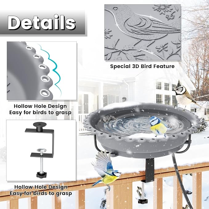 Heated Bird Baths for Outdoors, Upgraded 100W Thermostatically Controlled Heated Bird Bath for Deck Railing Large Capacity Heated Birdbath for Outside Winter Garden Yard Patio Lawn (Grey)