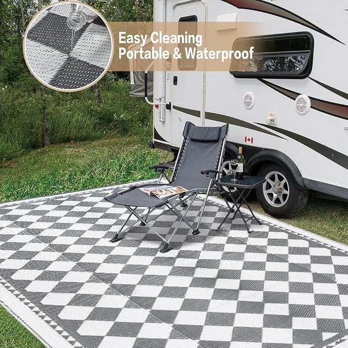 HUGEAR Outdoor Waterproof Rug 9'x12' Plastic Straw Rugs Washable Reversible Floor Mat Grey Plaid Carpet for Camping RV Deck Entryance Porch Picnic Balcony Beach Backyard