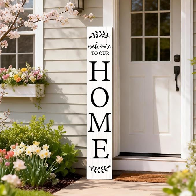 Welcome Sign for Front Porch, 47" Large Wooden Welcome to Our Home Sign Door Hanging Standing Plaque, Farmhouse Vertical Outdoor Porch Decorations for Yard Patio Entrance (White)