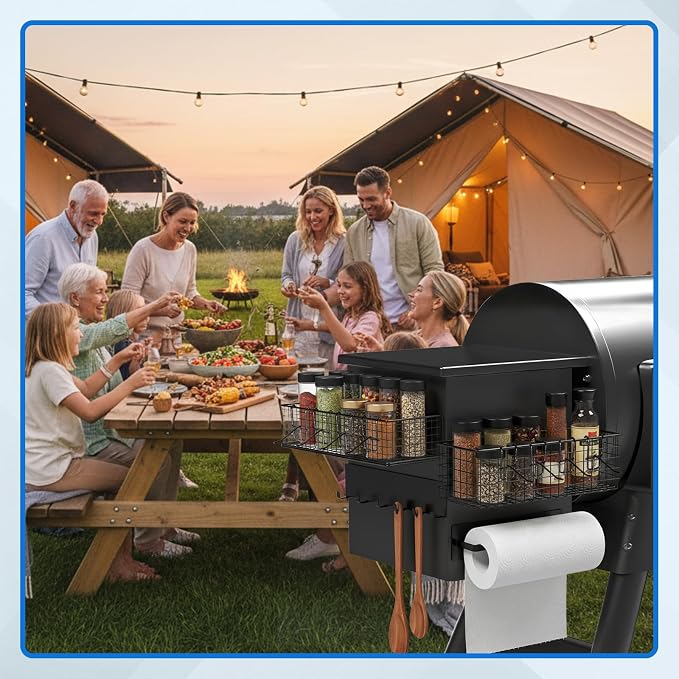 Maxdot 2 Pack Magnetic Storage Bins for Pellet Smoker Grill, 1 Large & 1 Small Grill Caddy with Paper Towel Holder and Hooks, BBQ Organizer Accessories for Most Pellet Grills