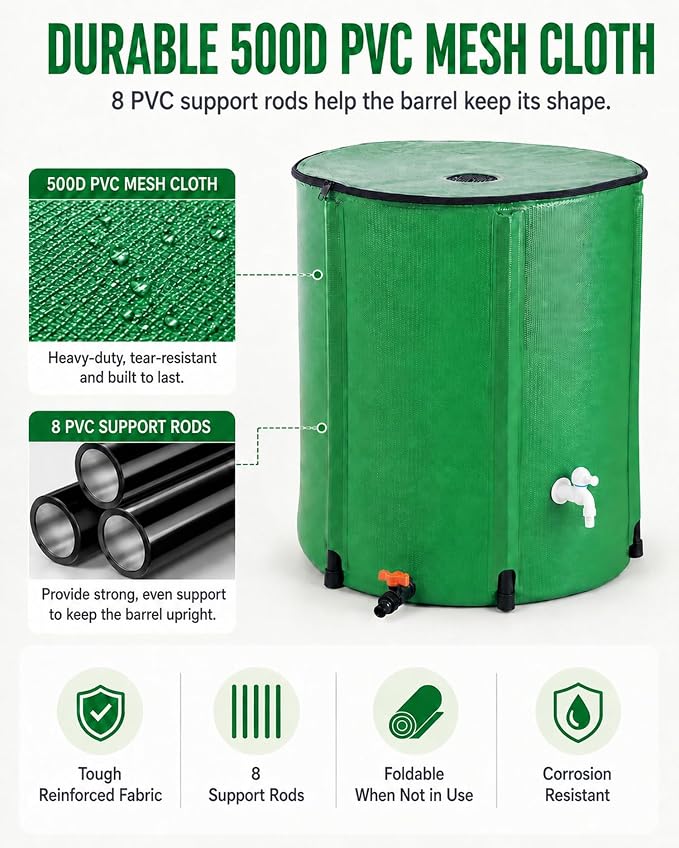 200 Gallon Collapsible Rain Barrel, Rain Water Collection Barrel System Kit, Collapsible Water Tank with 2 Spigots and Overflow Kit, Portable Rain Water Catcher for Garden, Green (2 Pack)
