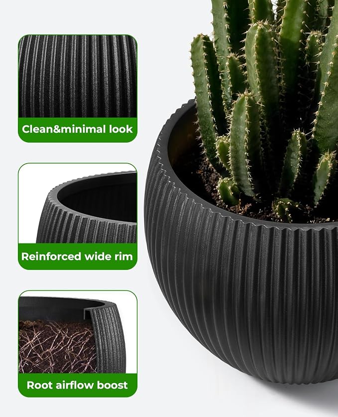 homenote Flower Pots 14.5 Inch,Large Plant Pots Indoor with Drainage,Plastic Pots for Plants,Garden Pots for Outdoor,Large Planters for Indoor Plants,Big Plastic Planter,Black