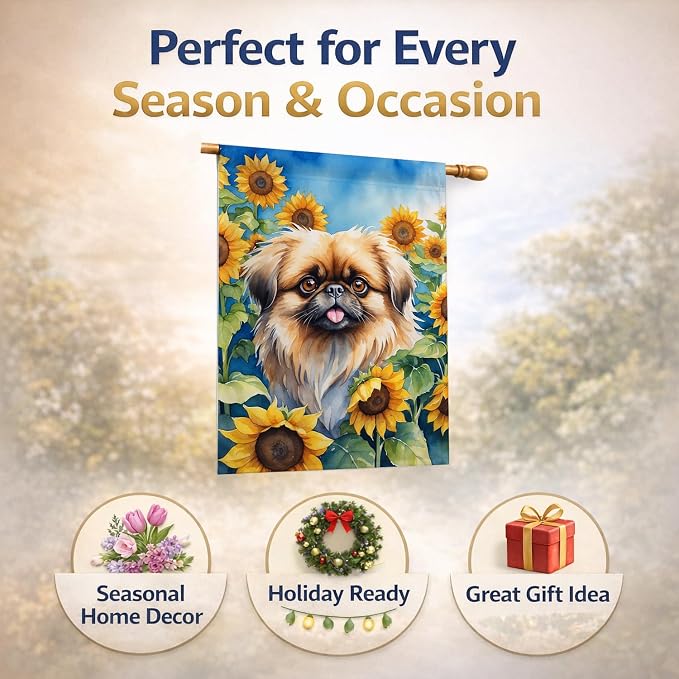Caroline's Treasures DAC6132CHF Pekingese in Sunflowers House Flag Large Porch Sleeve Pole Decorative Outside Yard Banner Artwork Wall Hanging, Polyester, House Size, Multicolor