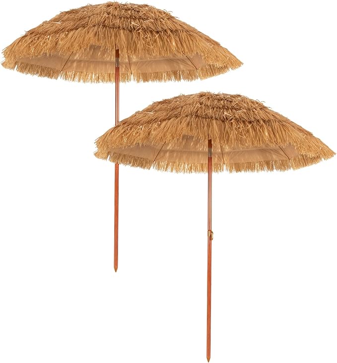 Giantex Thatched Tiki Umbrella, Hawaiian Style Patio Grass Umbrella with 8 Ribs & Tilt Adjustment, Outdoor Portable Beach Sunshade for Yard, Garden & Poolside