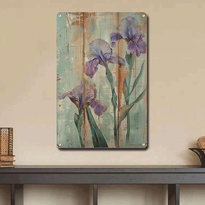 Metal Sign Tin Sign Vintage Wall Art Antique Nature's Love Irises Tin Sign for Shabby Chic Gardens Delicate Forms and Corrosion Resist Tin Sign for Restaurant 8×12 Inches