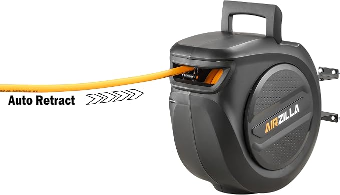 AIRZILLA Retractable Air hose reel 3/8" Inch x 50 ft Flex Hybrid Air Hose, Air compressor Hose Reel with 6 ft Lead in, Quick Connect, Mounted 180° Swivel, 300PSI