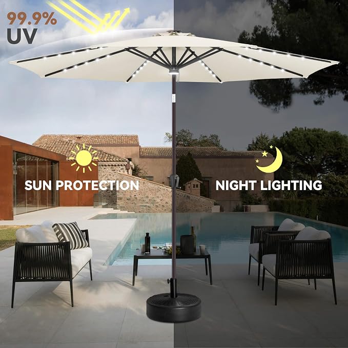 10FT Solar Umbrella Outdoor - Lighted Solar Patio Umbrella with 40 LED Lights Waterproof UV Protection, Table Umbrella with Tilt for Pool, Porch, Garden, Deck, Backyard (Ivory)