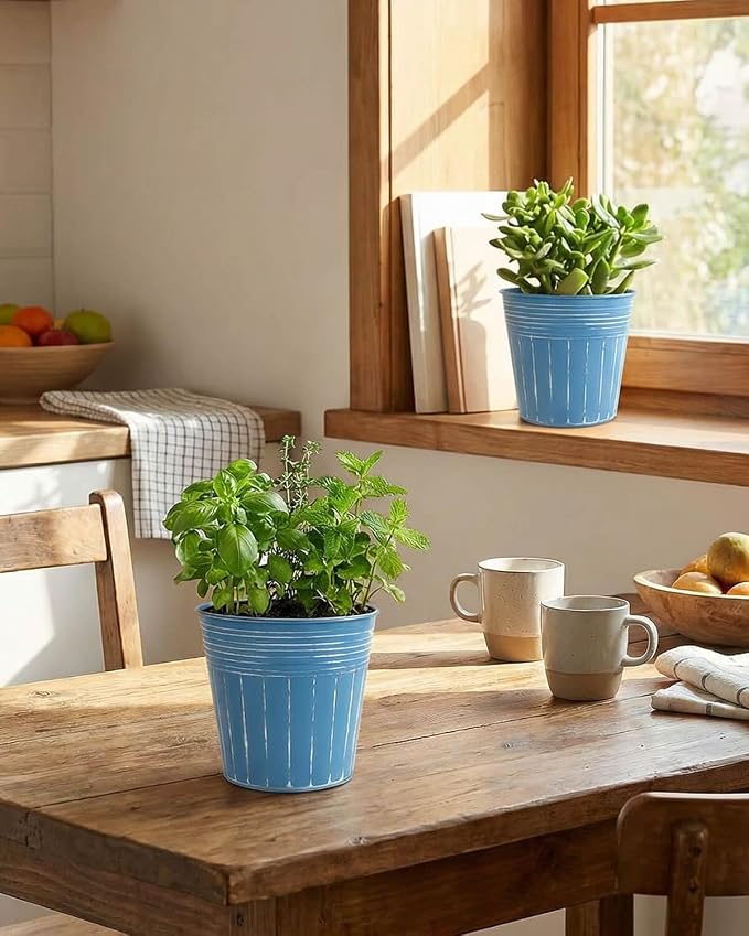 vensovo 5 Inch Galvanized Bucket Planter - 6 Pack Metal Flower Pots with Drainage Holes & Plugs, Rustic Deep Blue Tin Pots for Indoor Herbs, Outdoor Succulents, Farmhouse Home Garden Decor
