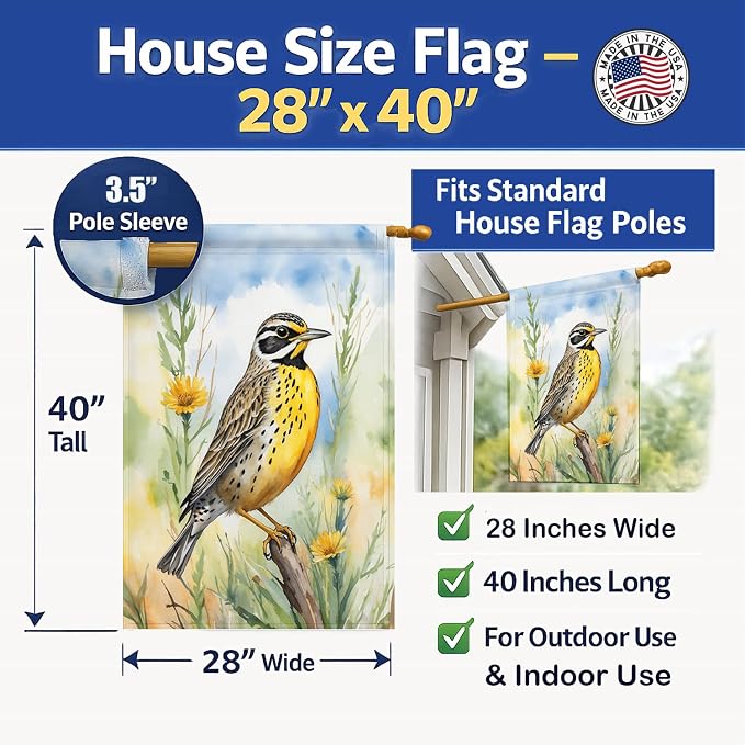 Caroline's Treasures North Dakota Western Meadowlark House Flag Large Porch Sleeve Pole Decorative Outside Yard Banner Artwork Wall Hanging, Polyester, House Size, Multicolor