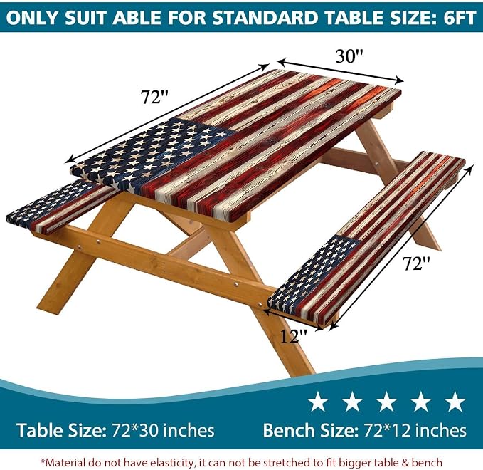 Picnic Table Cover with Bench Covers Elastic Edges, American Flag Wooden Camper Fitted Table Cover, Outdoor Camping Essentials, Waterproof Camping Fitted Tablecloth with Drawstring Bag, 72In 3PCS