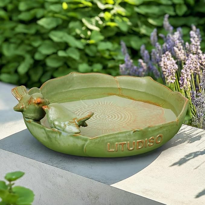 Ceramic Bird Bath for Outdoors, 10 Inch Bird Bath Bowl Only, Heavy Duty Ground Bird Feeders Tray, Durable Bird Feeding Bowl for Yard and Garden, Green