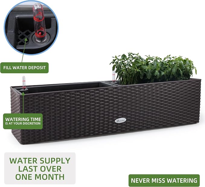 Dexceder 31.5 Inch Self Watering Rail Window Box with Bracket (Brown) | Thickened Large Rattan Planter Flower Plant Pot with Water Level Indicators Indoor Outdoor