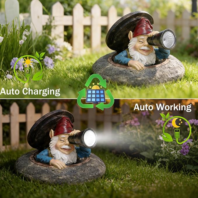 Solar Garden Gnome Outdoor Decor, Funny Gnome Statue Peeking from Manhole Cover, Waterproof Resin Figurine Lights for Yard Lawn Patio, Gift for Women & Garden Lovers