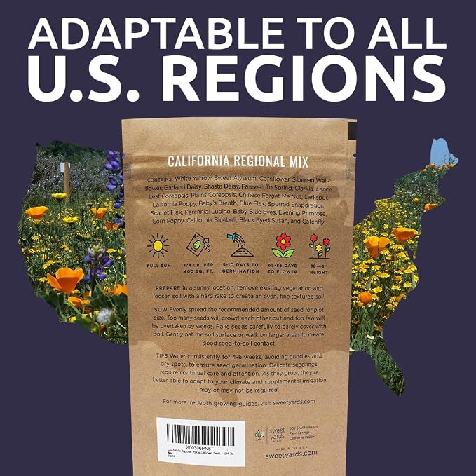 California Wildflower Mixture - Bulk 1/4 Pound Bag - Over 30,000 Native Seeds - Open Pollinated and Non GMO