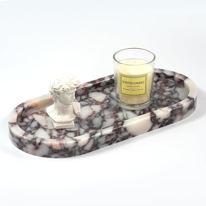 Violet Marble Oval Tray - Stone Decorative Perfume Trinket Jewelry Dish, Catchall Organizer for Bathroom Vanity Dresser Kitchen Countertop Home Decor