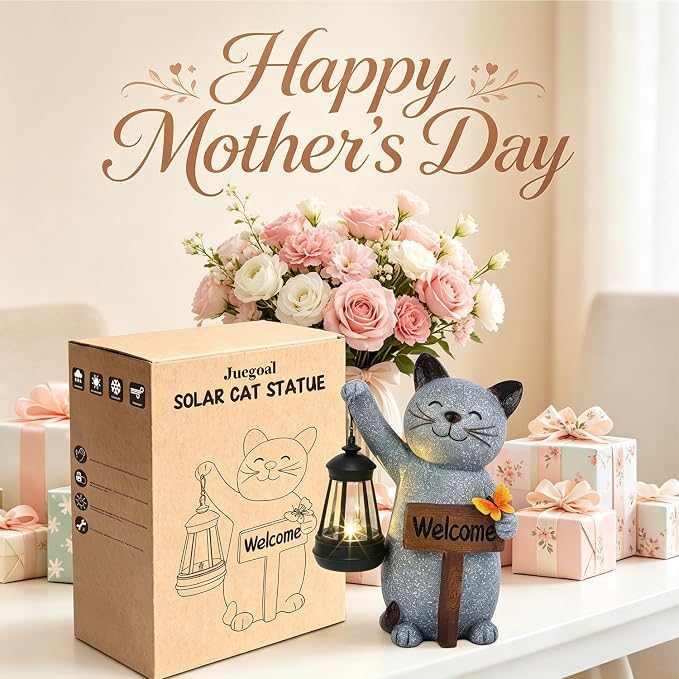 Juegoal Garden Statue Solar Cat Figurine with LED Lantern, Mothers Day 10" Resin Kitten Hold Welcome Sign, Outdoor Whimsical Lawn Porch, Lighted Housewarming Birthday for Mom Grandma