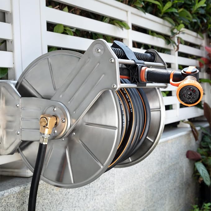 Giraffe Tools Stainless Steel Garden Hose Reel Heavy Duty, Wall/Floor Mounted Stainless Water Hose Reel Retractable with Crank, 150-Feet 5/8" Hose Capacity＆100FT hose