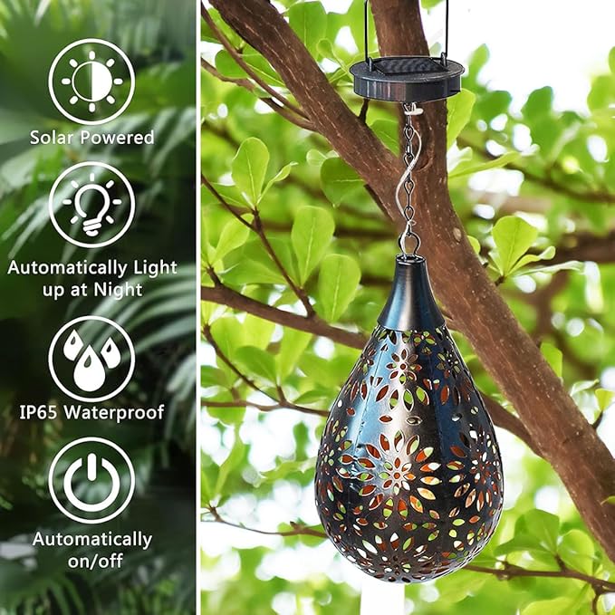 Solar Hanging Light, Decorative Garden Boho Light, Outdoor Solar Water Drop Light for Patio Lawn Fence