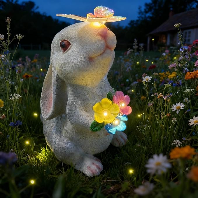 Bunny Garden Decor Solar Light Figurine, Rabbit with Butterfly Sculpture, Outdoor Waterproof Resin for Patio Porch Backyard, Mother's Day Easter Spring Gift for Mom/Grandma, Housewarming New Home Gift