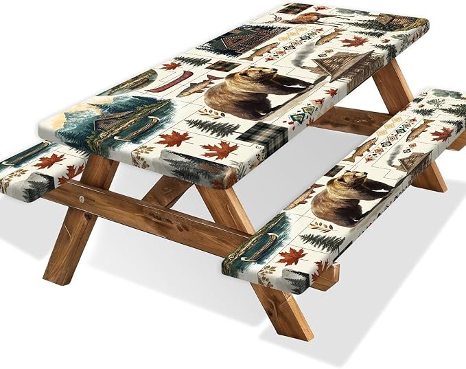 Picnic Table Cover with Bench Covers Camping Elastic Edge Essentials Waterproof Windproof Camping Tablecloth with Drawstring Bag, Fitted Rectangle Tables and Seats, 30X60 Inch, Rustic Cabin Bear Deer
