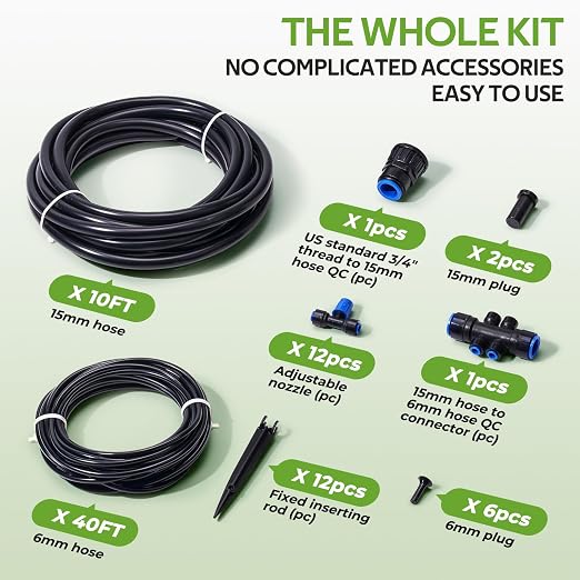 HIRALIY 50FT Quick-Connect Drip Irrigation Kit, Garden Watering System with 40FT 1/4" Tubing, 10FT Main Hose & 12 Adjustable Drippers for Patio Pots, Raised Beds & Small Vegetable Gardens