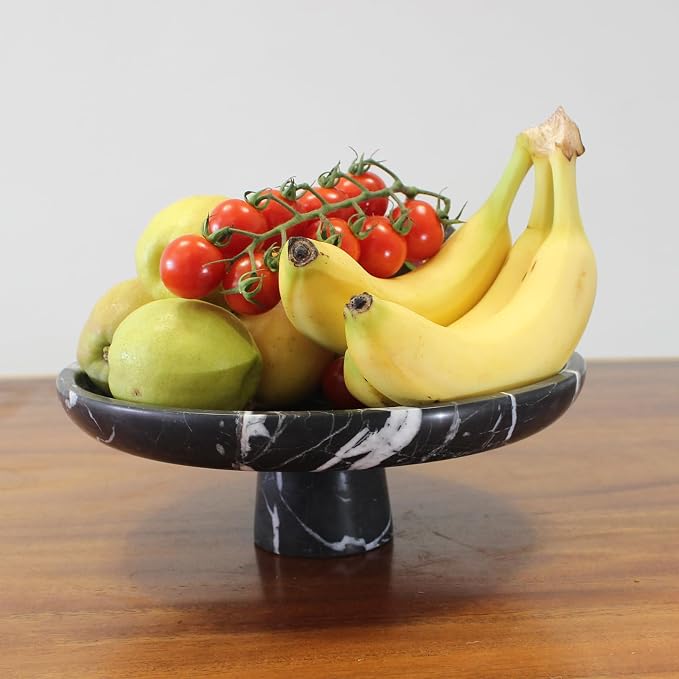 Nawgnail Natural Black Marble Fruit Bowl for Kitchen Counter 10.2", Large Decorative Bowl Pedestal for Home Decor, Fruits Holder For Dining Table - Kitchen Organization