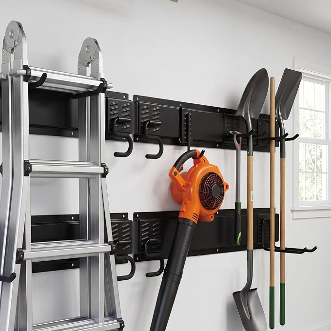 Heavy Duty Tool Hooks Set - Wall Mount Garage Tool Organizer, Multipurpose Metal Storage Hanger for Garden Tools Broom Mop Ladder, Garage Shed Workshop Wall Storage Rack (48 inches, 12pcs)