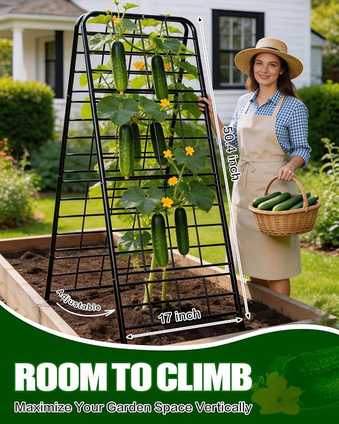 Breeze Touch 1 Pack Heavy Duty Adjustable A-Frame Cucumber Trellis for Climbing Plants, All-Metal Garden Trellis with Dense Grid Climbing Frame for Raised Beds, Tomatoes, Cucumbers & Outdoor Vines