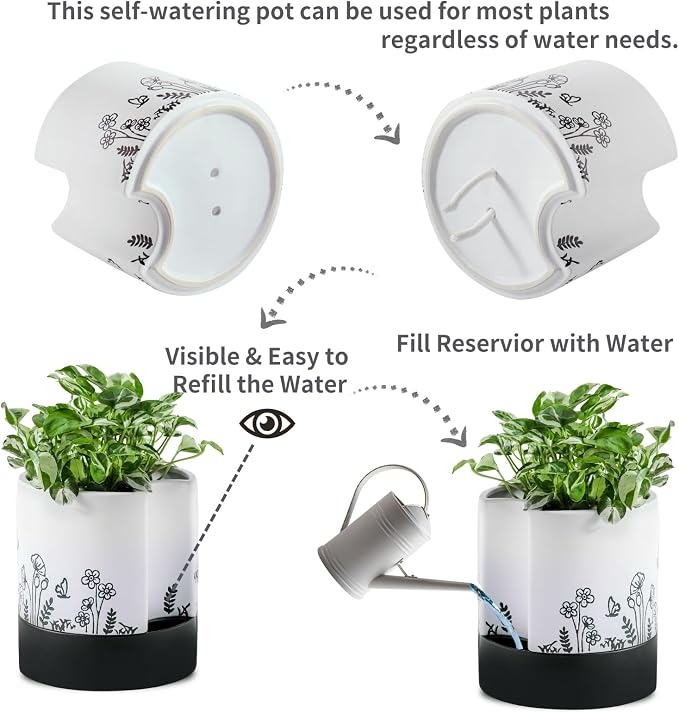 Nihow Self Watering Pots for Indoor Plants,8 Inch,White,Hand Painting | Ceramic Planter, Drainage Hole & Water Storage Plus, Cylinder Round Flower Pot, For Succulent/Herbs/Violets