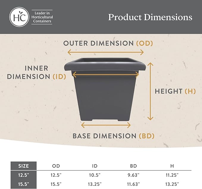 The HC Companies 12.5 Inch Accent Square Plant Pots with Drainage, Lightweight UV-Resistant Plastic Planters for Indoor & Outdoor Plants, 2-Pack Flower Pots for Garden, Office & Home Decor, Cappuccino