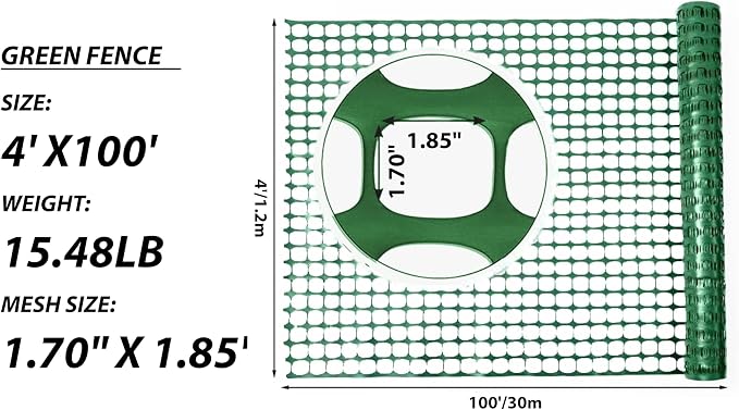 PotatoLife Plastic Mesh Fence Safety Fence, 4'x100' Roll with 100 Zip Ties, Resuable Temporary Netting for Garden Fencing, Construction, Snow Fencing, Animal Barrier, Poultry, Deer, Patio, Green