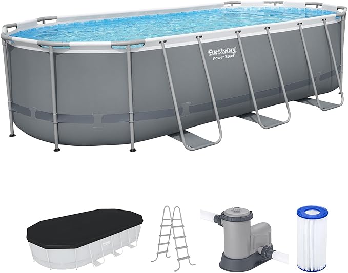 Bestway Steel Pro MAX 18' x 9' x 48" Above Ground Pool Set with Pump | Durable Oval Metal Frame Outdoor Backyard Swimming Pool, Puncture-Resistant Liner - Ladder and Cover Included, Gray