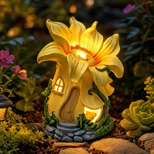 Fairy Garden House with Solar Light,Outdoor Figurine Lights Garden Statues,Yard Decorations Outdoor Fairy Garden Accessories,Decor Gifts for Mom Women (Sunflower)