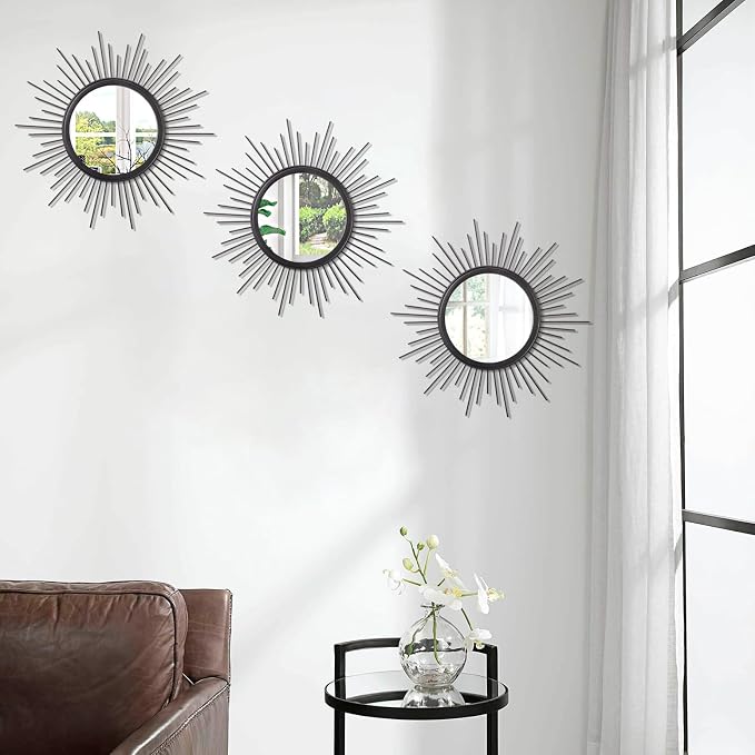 3 Pack Black Metal Wall Mirrors Sunburst Wall Mirrors Home Décor Art Decorative Modern Bohemian Hanging Wall Art for Bedroom Bathroom Living Room Entryway Small 12''