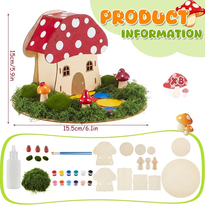 Kathfly 8 Sets Wooden Fairy House DIY Craft Kit for Kids with Paints & Decorations,Unpainted Miniature Garden Accessories for Home Event Party Decorations, Arts Birthday Party Favor (Mushroom Houses)