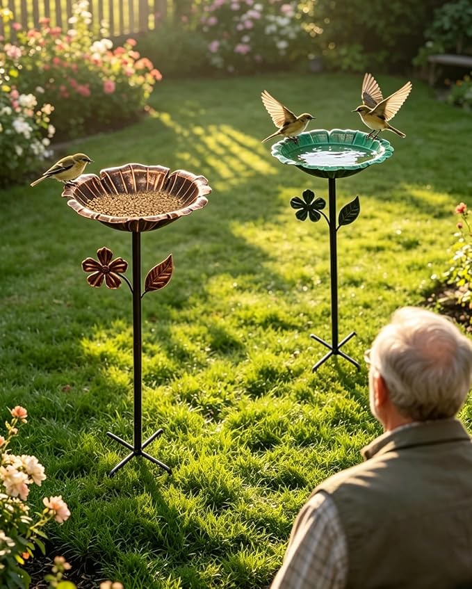 2PCS Vintage Metal Bird Bath Feeder 5-Prong Stake for Garden Patio | Vintage Metal Bird Bath & Feeder, Weatherproof, Easy Install, Ideal Garden Patio Decor.