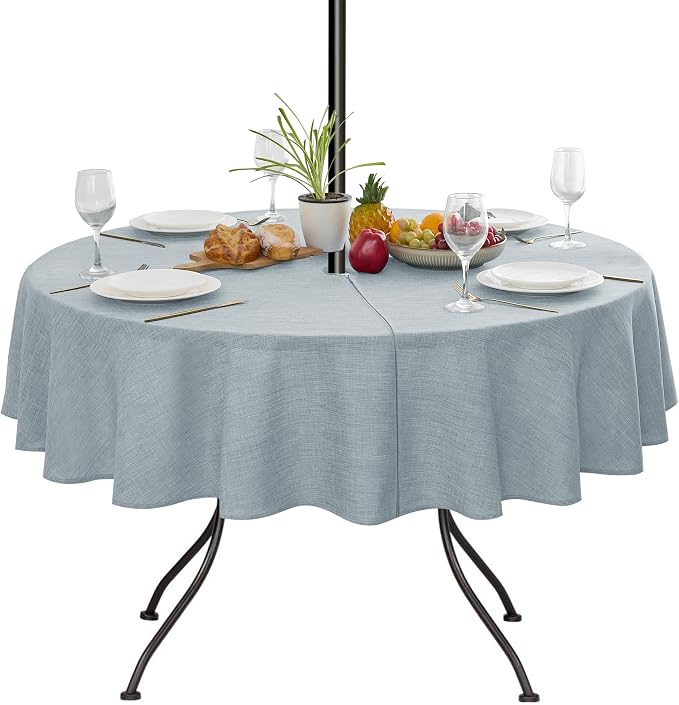 LUSHVIDA Outdoor Tablecloth with Umbrella Hole - Patio Table Cloth Zippered Round 60 Inch, Light Gray Linen-Look Polyester Table Cover Water Resistant for Picnic Outside