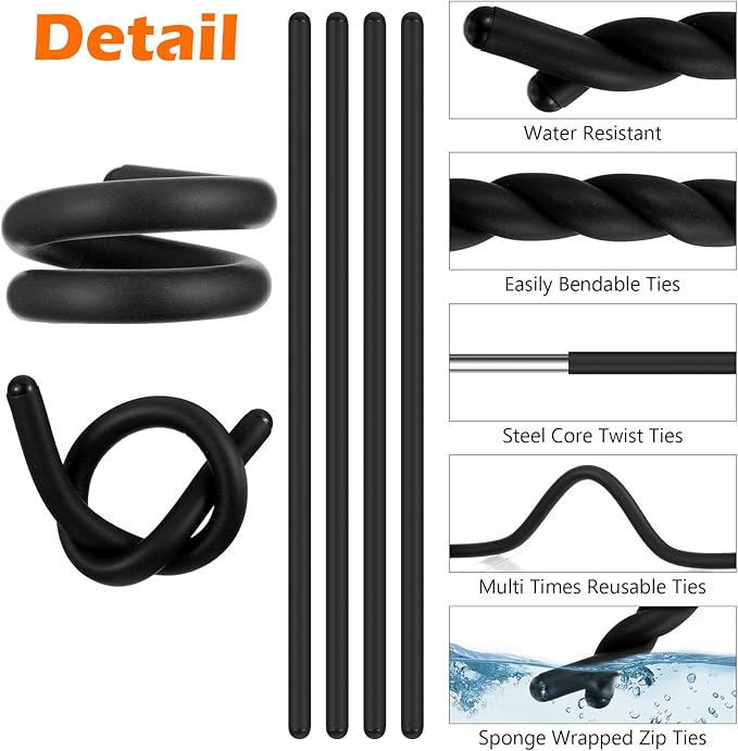 20 Pcs 17 Inch EVA Foam Twist Rubber Ties Reusable Bendable Cable Tie Straps Flexible Heavy Duty Twisty Ties for Organizing Cords Bundling (Black)