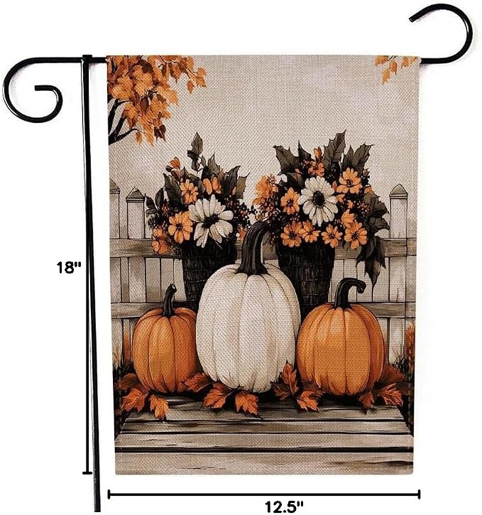 EMMTEEY Sunflower Garden Flag Fall Pumpkins 12.5X18 Double-Sided, Seasonal Yard Flags White Orange Small Burlap Garden Flags for Outside Front/Back Door