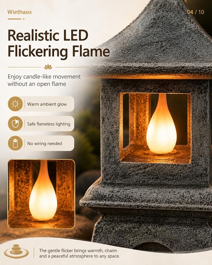 Solar Pagoda Lantern Japanese-Style with LED Flickering Flame Light, Zen Garden Statue Waterproof Resin Stone Finish Outdoor Decorations for Patio Yard Lawn, Housewarming Gifts for Mom Women